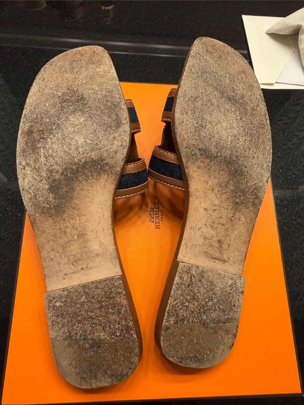 Hermes Denim Navy and Brown Oran Slide Sandals 39 - Picture 3 of 5